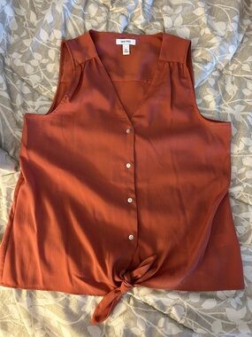 Nine West Rust-Orange Tie Front Sleeveless Blouse